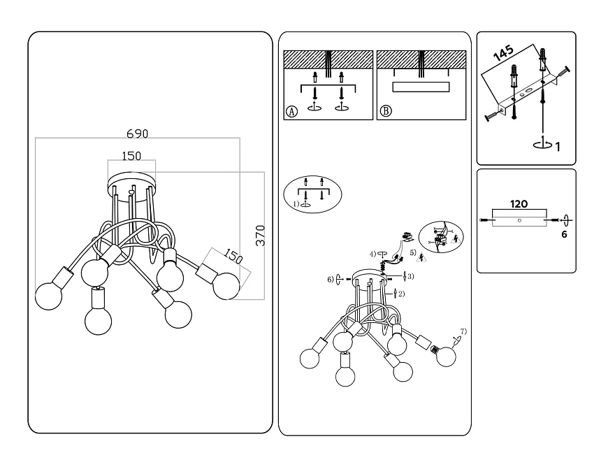 TR80419/6 BK/GD черный/золото E27/6 max 60W D690*370